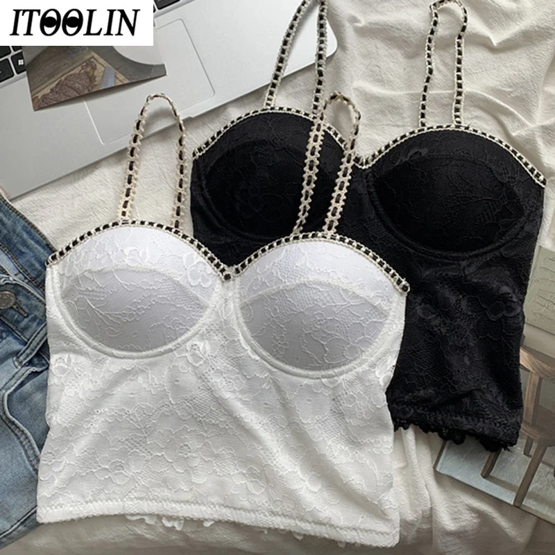 

Летняя кружевная пикантная майка ITOOLIN для женщин, модные Универсальные Короткие топы, бюстгальтер со встроенным бюстгальтером, тонкие Топы в новом стиле