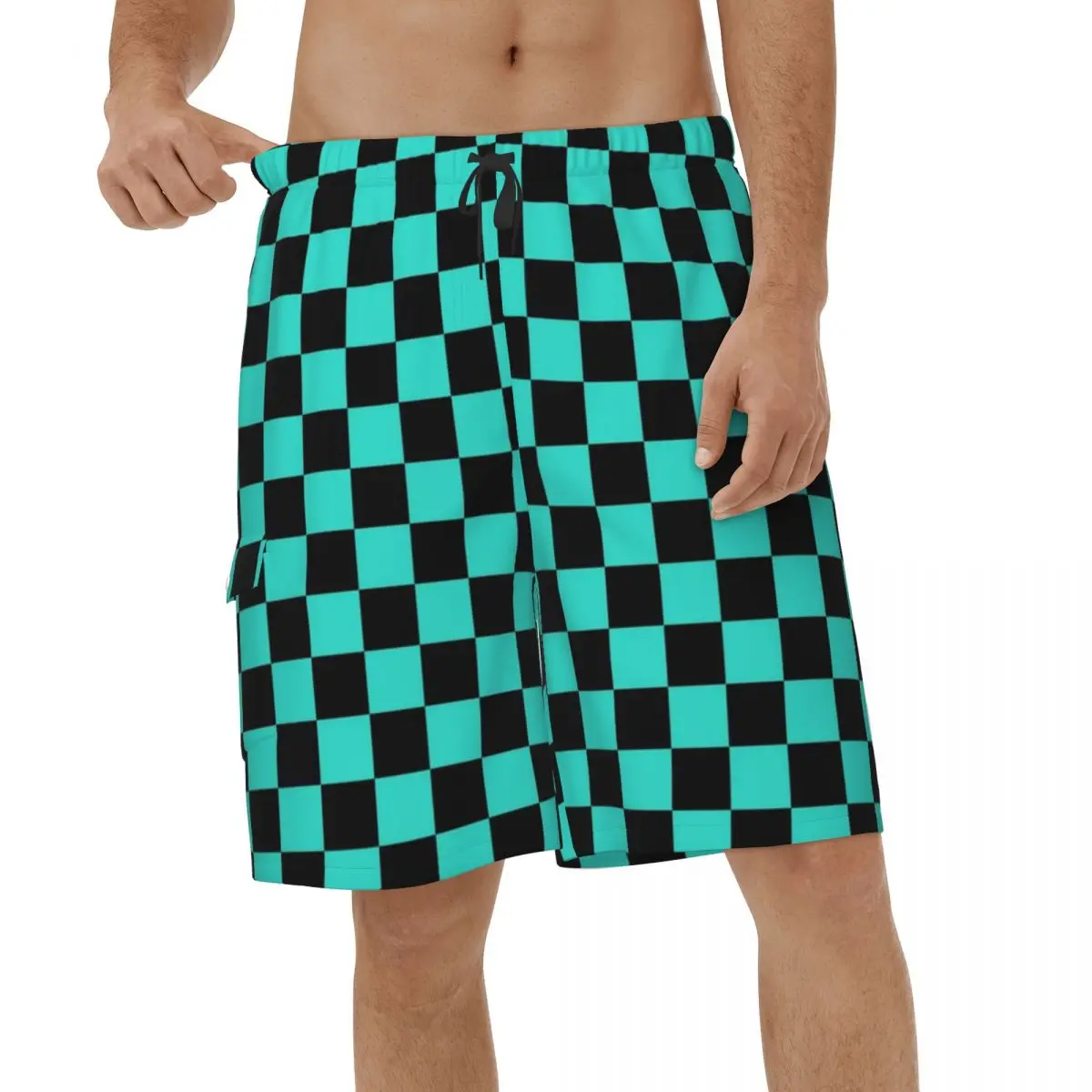 

Black And Turquoise Checkerboard Beach Shorts Men Casual Checkered Swimwear Quick Dry Sports Surf Short Pants