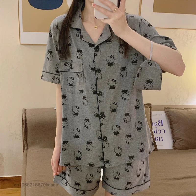Sanrio New Pajamas Hello Kitty Summer Home Clothes Cotton Suit Women Soft 2 Piece Set Y2k Cardigan Short Sleeve Top Loose Shorts