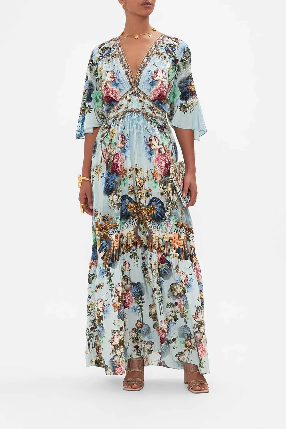 

Women Flower Print V-Neck Silk Batwing Sleeve Holiday Maxi Dress