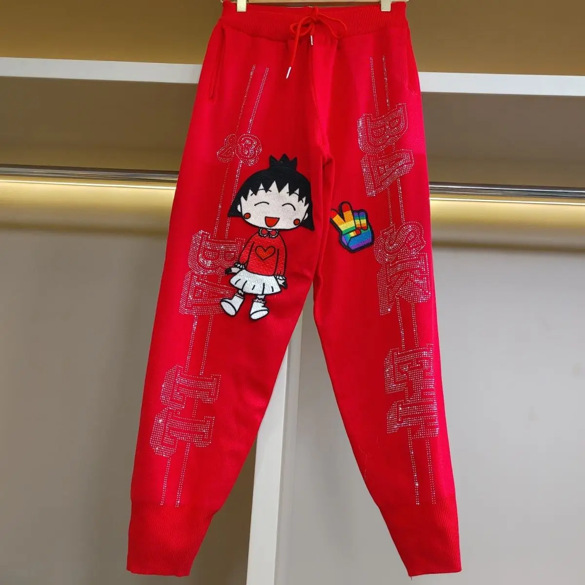 Trendy Cartoon Embroidery Hot Drilling Red Sweatpants 2023 New Spring Autumn Age Reduction Elastic Waist Casual Long Harem Pants
