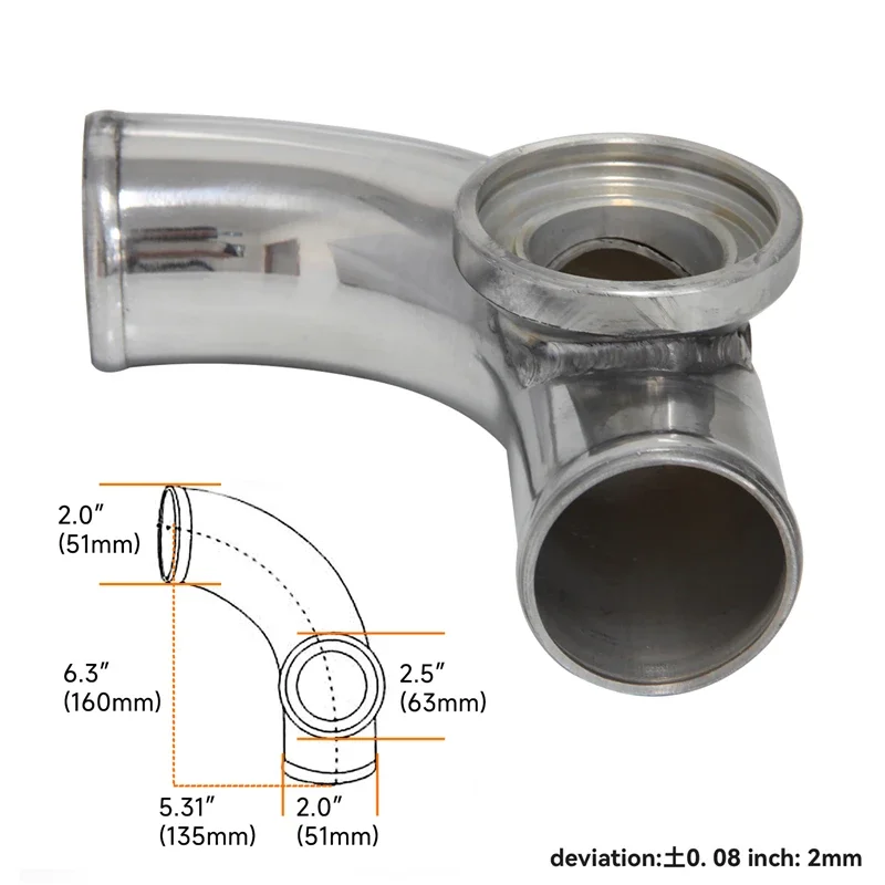 Фото Адаптер для клапана Blow Off Valve (BOV) 2 дюйма (51 мм) 90 градусов, из нержавеющей стали и алюминия, для турбонаддува. №5