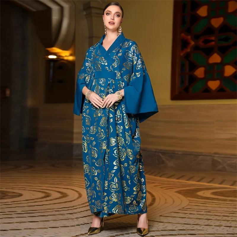 Baju Muslim For Woman 2023 Vintage Print Casual Loose  Kimono Abaya Dolman Sleeve Belted Religious Robes Ramadan Wear