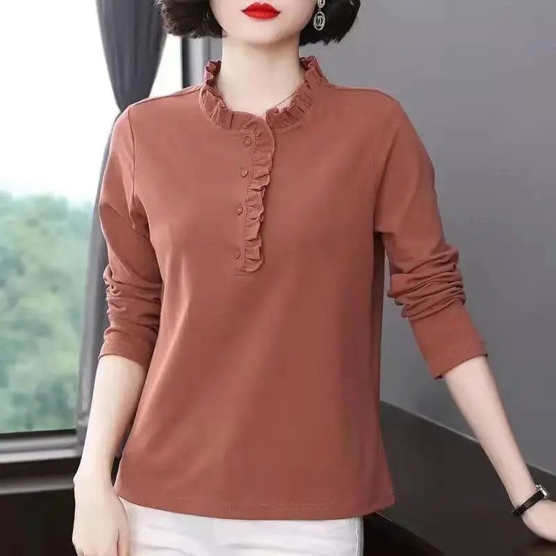 

Long Sleeve Tops Spring and Autumn T-shirt Women's Wooden Ear Collar Middle-Aged Loose High Quality Black Women Clothing