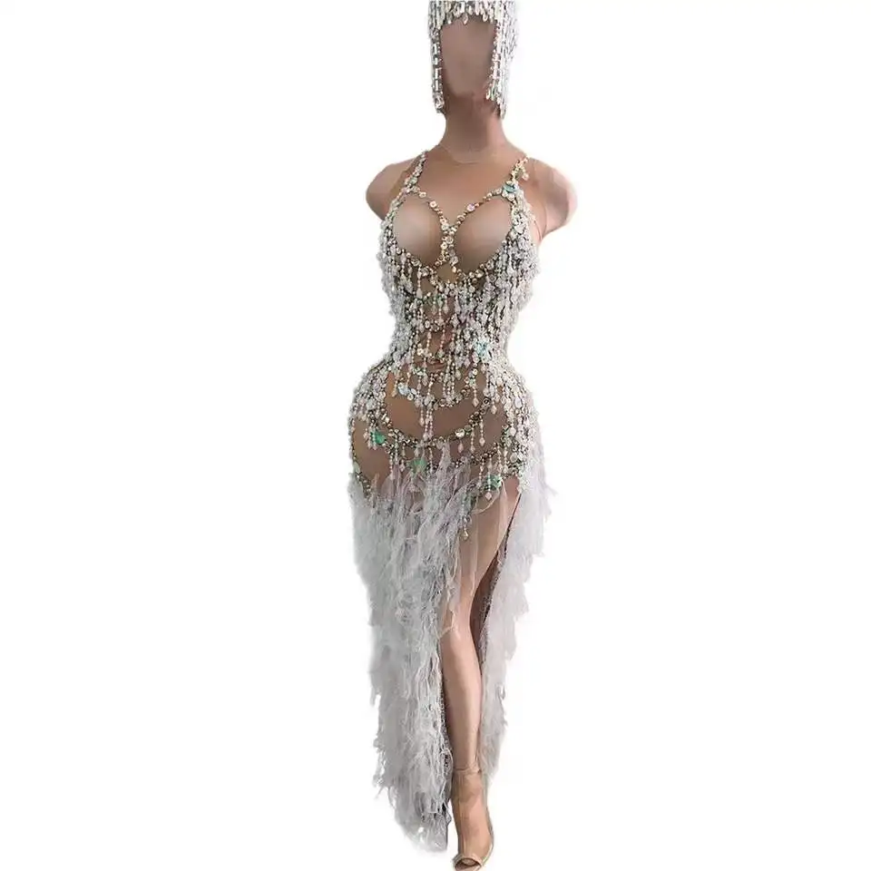 

Sexy Women Party Club Dress High Slit Singer Rhinestone Dress Stage Outfits Fashion Skin Color Nude Tassel Crystal Bodycon Dress