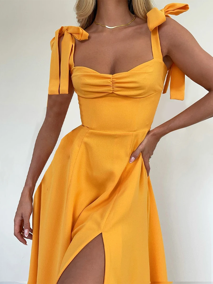 

wsevypo Tie Up Spaghetti Straps Slit Midi Party Dress Elegant Summer Women Sleeveless Ruched Low Cut A-Line Dresses Vestidos