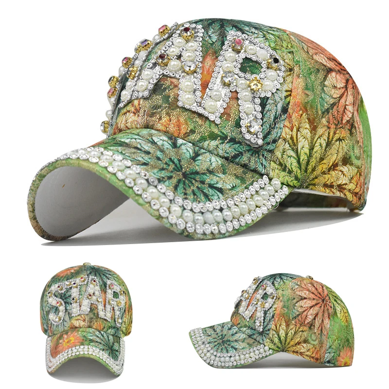 

Модная женская бейсболка с красочным принтом листьев, блестящие ювелирные изделия с кристаллами и жемчугом, аксессуары, бейсболка для женщ...