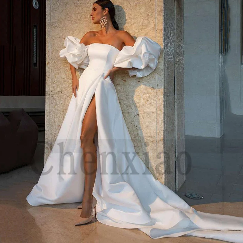 

Sexy High Slit Satin Wedding Dresses with Detacbable Sleeves A-line Strapless Bridal Dress Court Train Couture Mariage 2022
