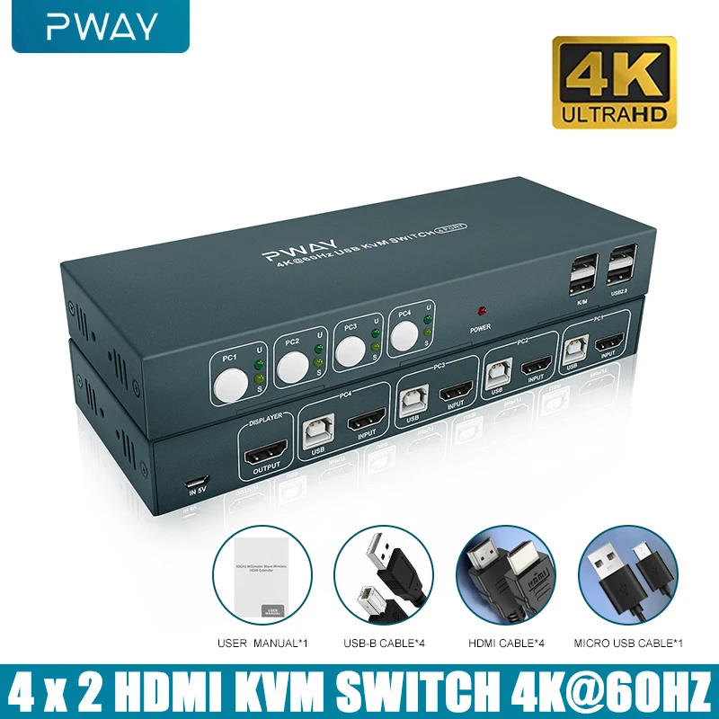PWAY 4K @ 60 Гц HDMI KVM переключатель 4 в 1 выход Поддержка HDMI 2,0 HDCP 2,2 с USB порт Hotkey переключатель настольный компьютер, принтер клавиатура мышь