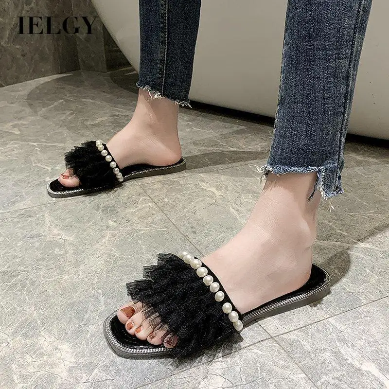 

IELGY women's open toe low heel mesh pearl slippers