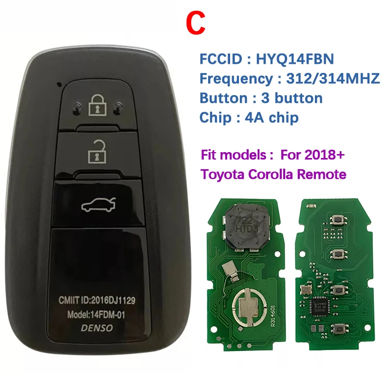 

Aftermarket 2/3/4 Button Smart Key For Toyota Corolla Remote 312/314 MHZ 4A Chip HYQ14FBN For Brazil Market 8990H-12010