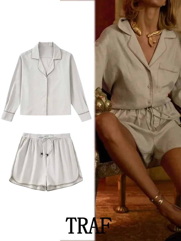 

Женский повседневный комплект из 2 предметов, рубашка с длинным рукавом и шорты с эластичным поясом