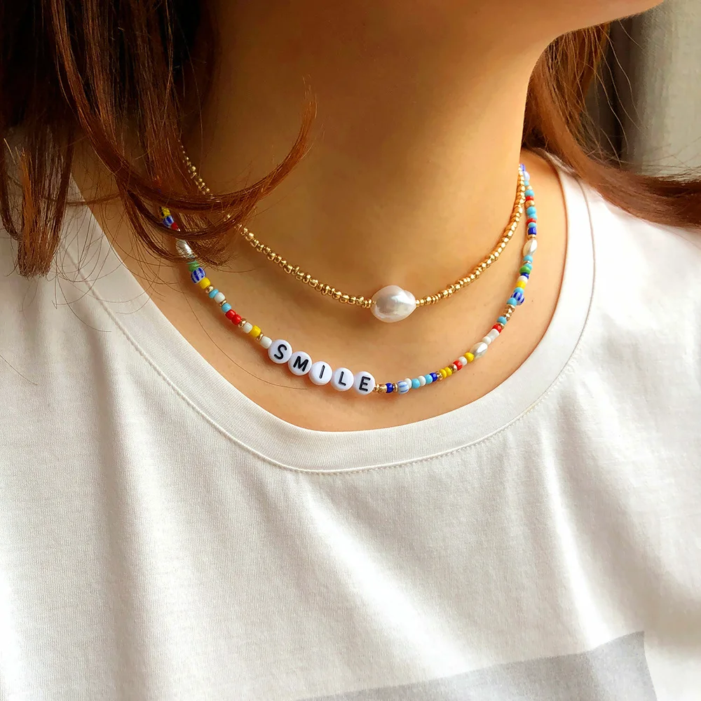 

Double Layered Alphabet Imitation Pearl Handmade Millet Beaded Necklace Colorful Clavicle Chain Female N1412