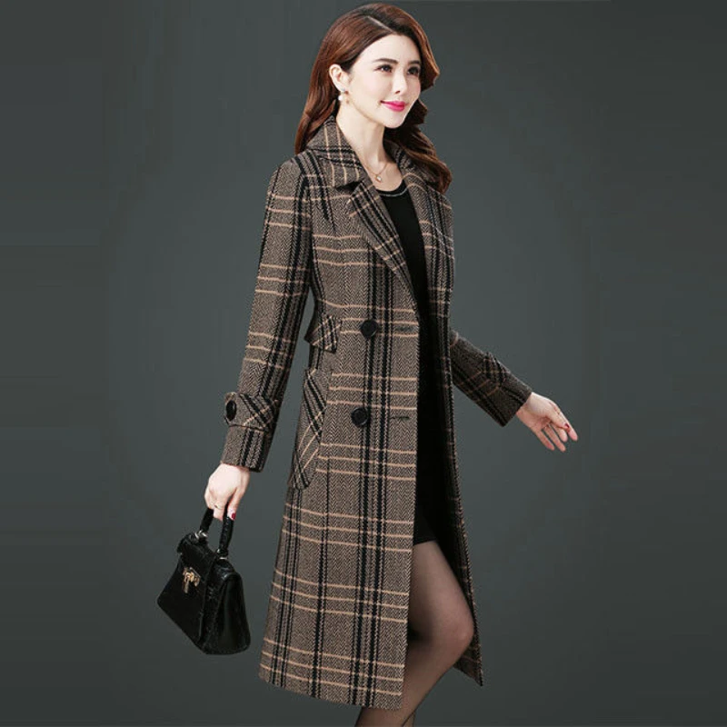 

Woman Casual Loose Plaid Print Woolen Coats Female Fashion Long Sleeve Thick Coat Long Outerwear Ladies Button Cardigan G282