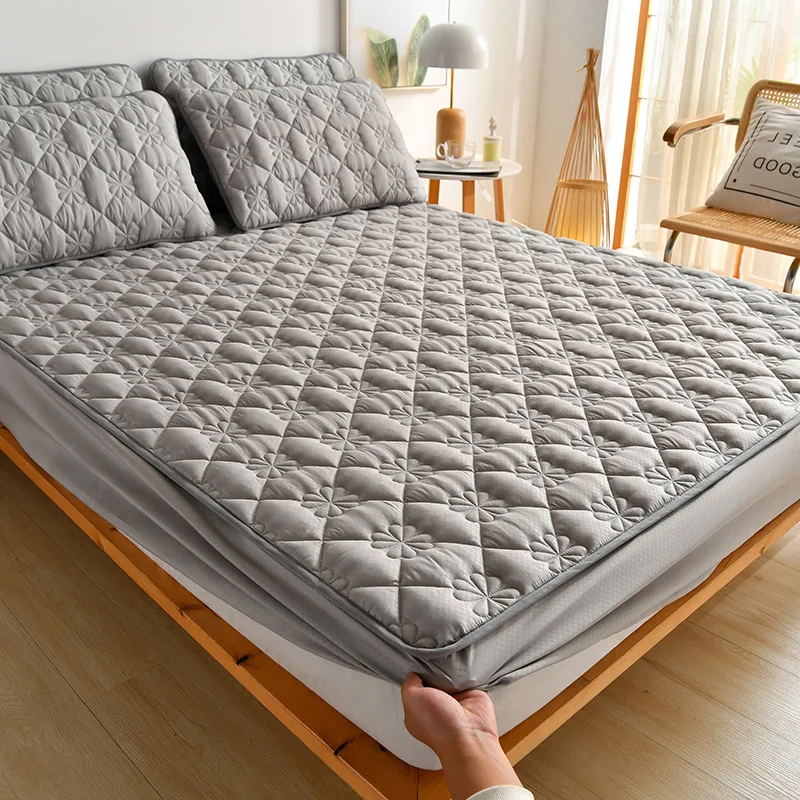 

Quilted Bed Cover Washable Embossed Mattress Cover Breathable Solid Color Sheet Queen Size Bed Pad Cover Bedding Anti-Bacteria