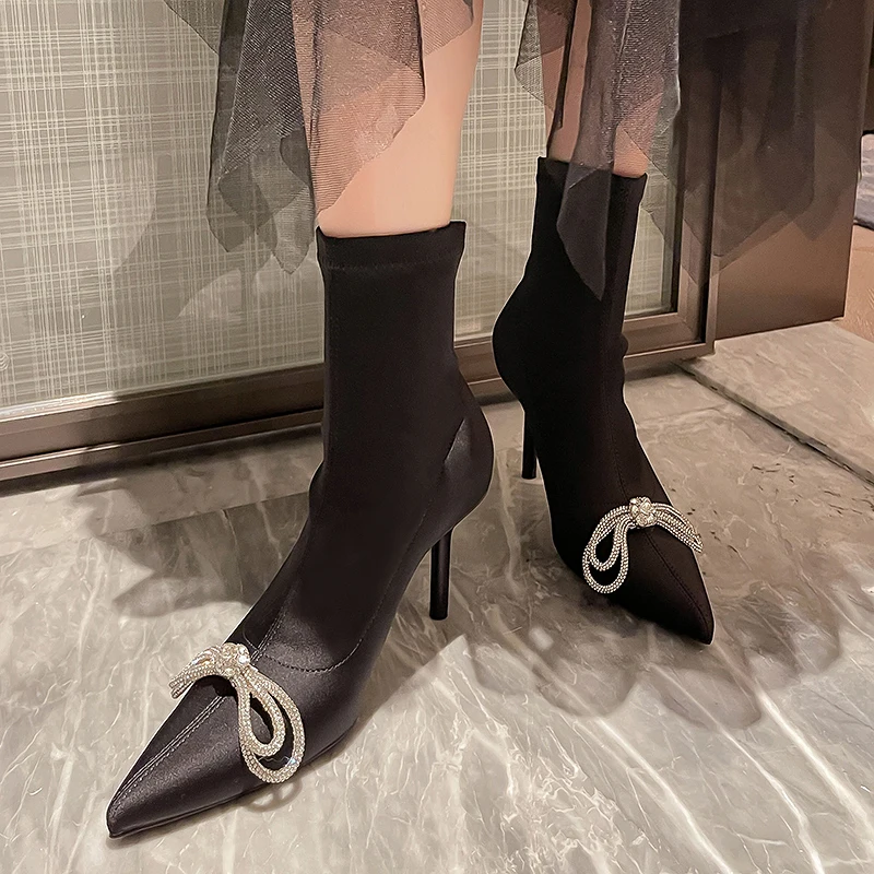 

8cm Black Knee High Boots Sexy Pointed Toe Heels Womens Rhinestones Bow Long Boots Thin Heel Elasticity Ladies Shoes Designer