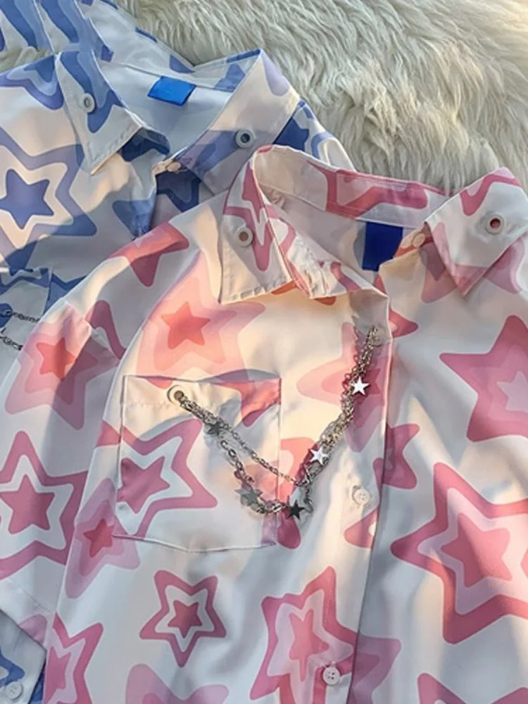 

Japanese Star Chain Fashion Grunge Blouse Women Casual Loose Shirt 2023 Summer Femme Harajuku Y2k Aesthetic Vintage Chic Blusas