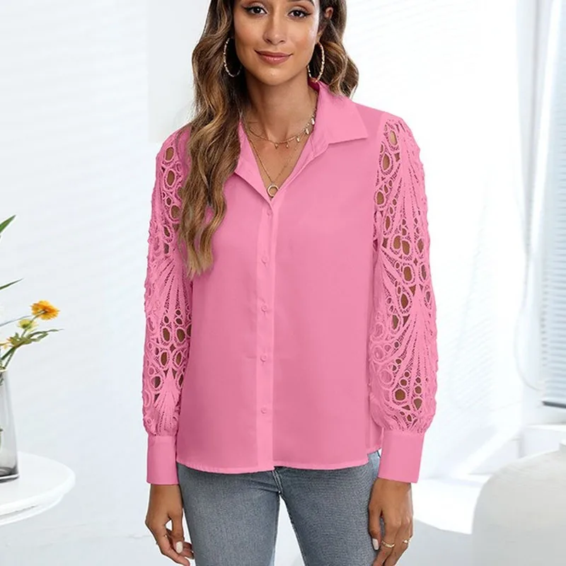 

Hollow Out Crochet Long Sleeve Women Shirt Fashion Lace Blouse Women Office Button Tops Casual Loose 2022 Vinatge Blouses 22627