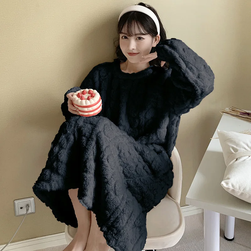 

Coral Velvet Flannel Nightwear Sleep Dress Home Dress Lounge Casual Homewear Solid Color Kimono Long Sleeve Round Neck Nightgown