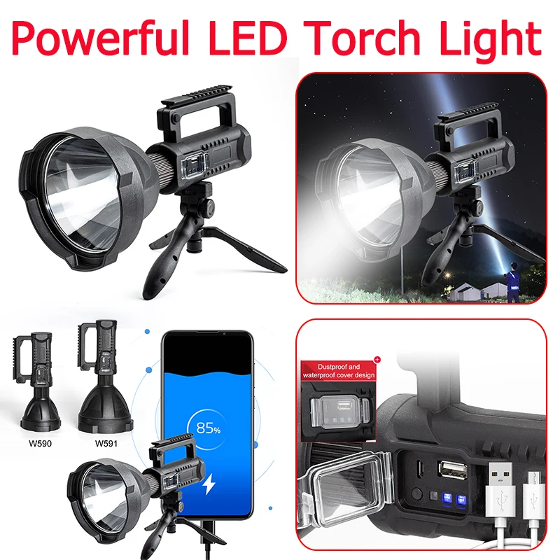 

P50 Portable Powerful LED Flashlight Mountable Bracket Handheld Searchlight USB Rechargeable Spotlight Waterproof Torch Light