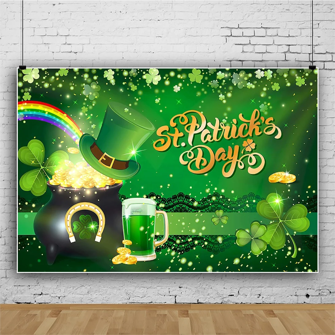 

Lucky Clover Theme Backdrop Irish Happy St. Patrick's Day Beer Magic Hat Traditional Festival Decoration Background Table Poster