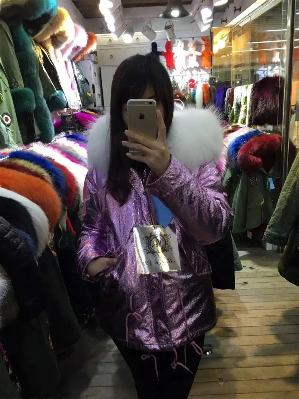 Высококачественная фиолетовая Кожаная парка женская зимняя белая одежда из