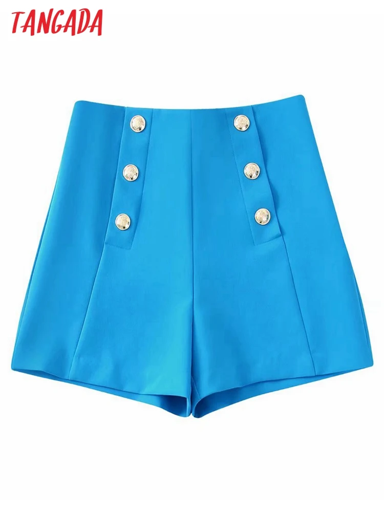 

Tangada 2022 New Women Elegant Blue Buttons Shorts Side Zipper Pockets OL Shorts Pantalones BE736