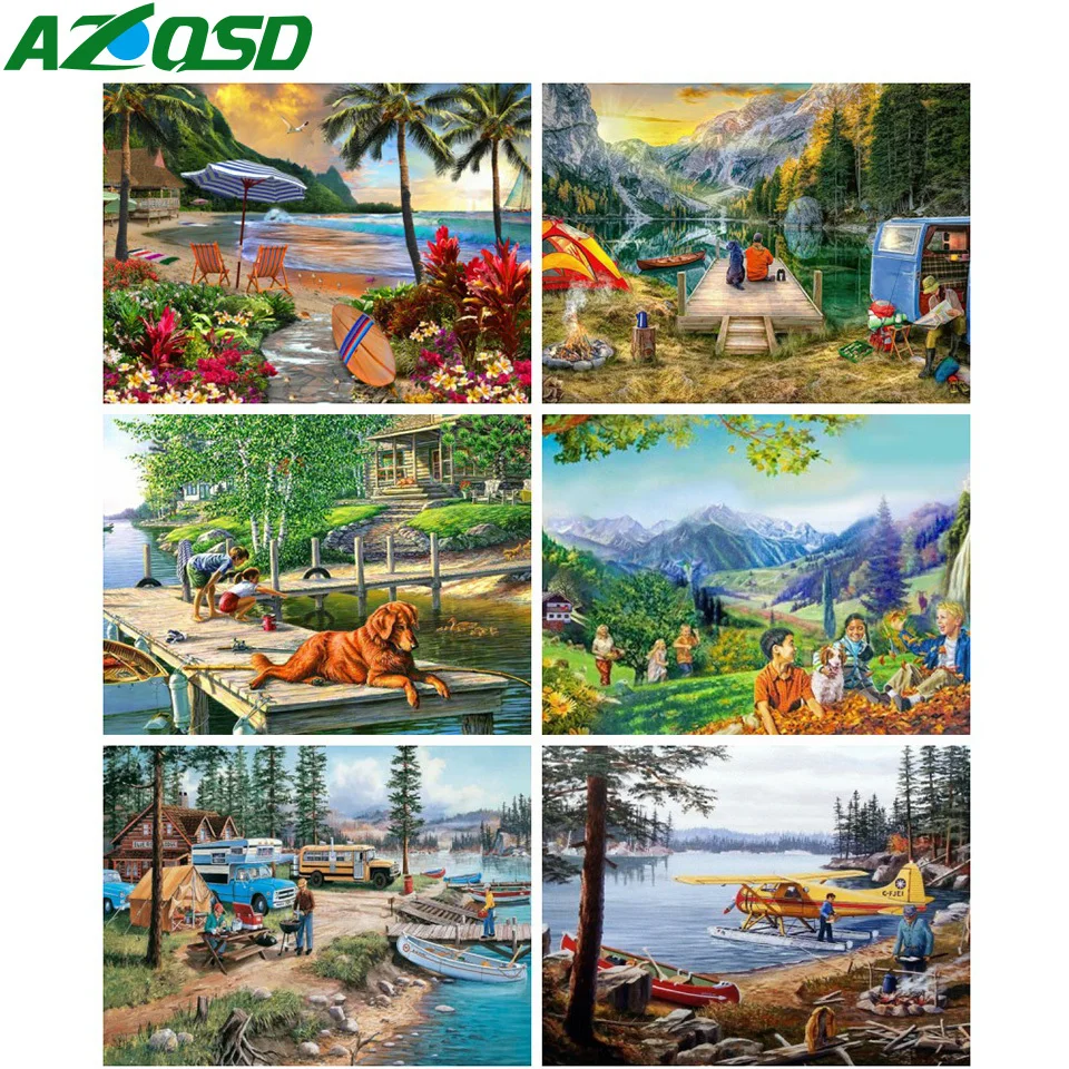

AZQSD Landscape Coloring By Numbers Journey Dog Handmade Acrylic Oil Painting Drawing On Canvas Gifts Home Decor Wall Art