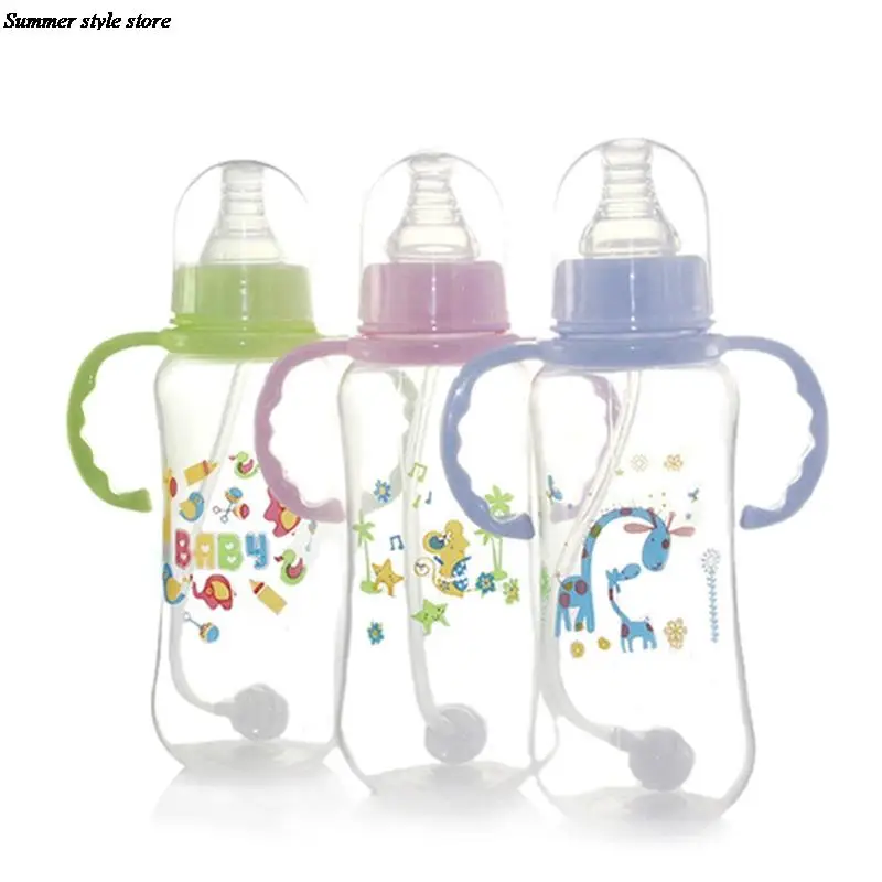 

280ml Baby Bottle Kids Cup Children Training Cups Cute Baby Drinking Water Straw Handle Feeding Bottle Random Cartoon Color