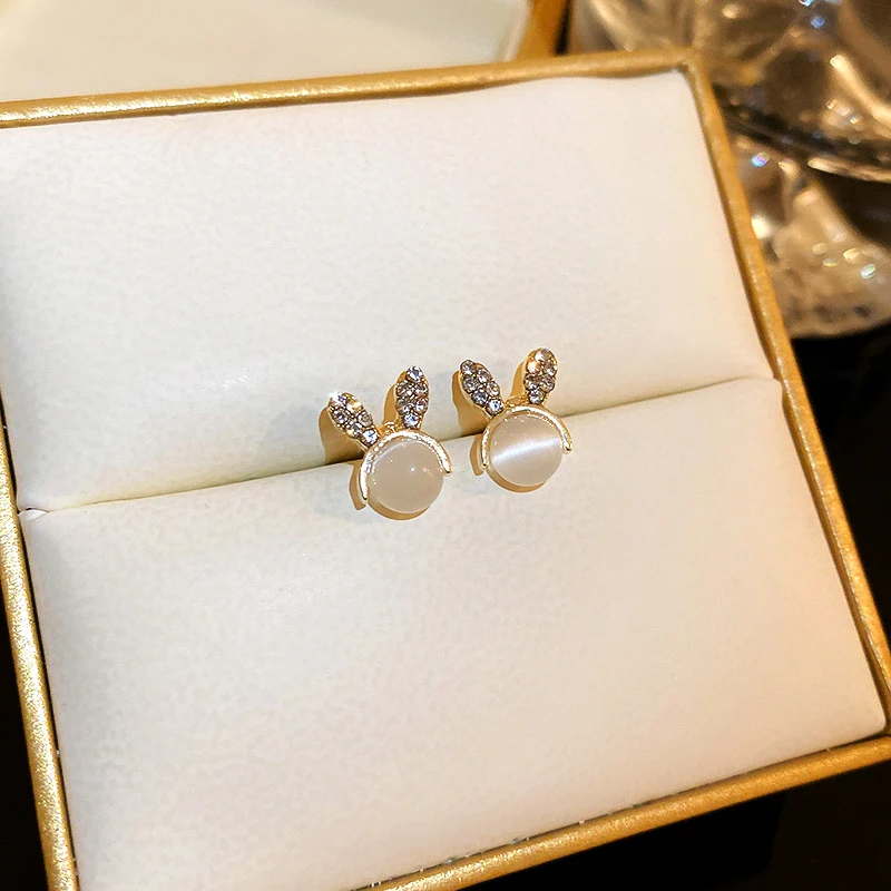 

Trendy 14K Real Gold Plated Cute Opal Little Bunny Earrings for Women Girl Korean Fashion Jewelry S925 Silver Needle Stud Zircon
