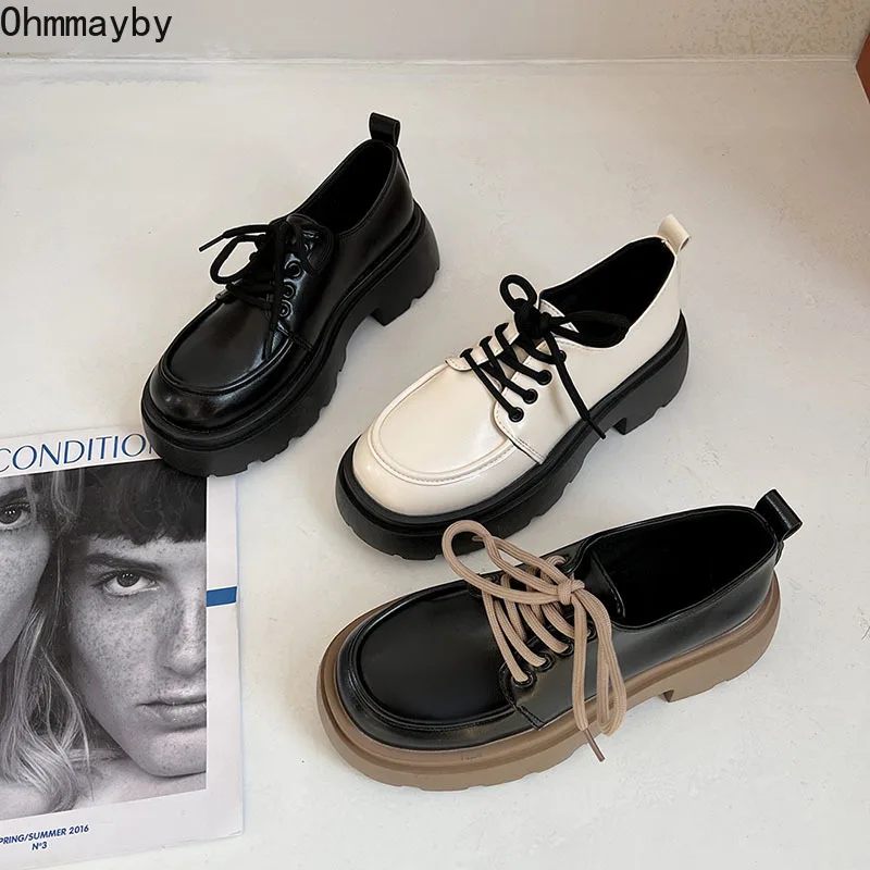

2022 New Platform Women Mary Jane Shoes Spring Leahter Shoes Fashion Lace Up Female Round Toe Flats Heel Elegant Woman Pumps