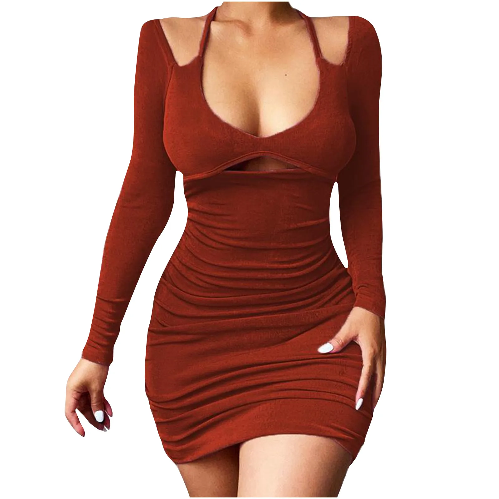 

Dress Women Sexy Bandage Backless U-Neck Hollow Out Long Sleeve Solid Color Mini Sheath Dress Autumn Elegant Party Sheath Dress