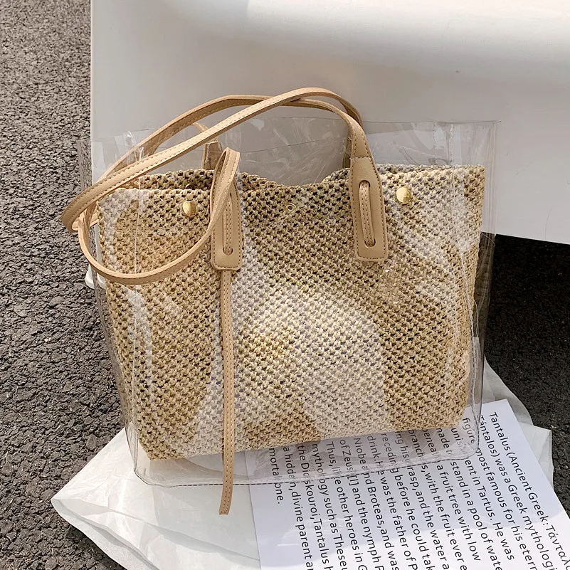 

Summer New Transparent Straw Bag Large Capacity Rattan Shoulder Bag Woven Handmade Tote Bag Seaside Beach Bag Shopping Bag 2023