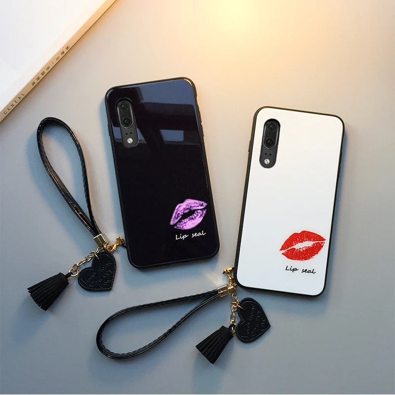 

BONVAN Tempered Glass Case For Huawei P30 Pro Lite Red Lips Hard Cover For Huawei P20 Pro Lite 2019 Lanyard Couqe Capa