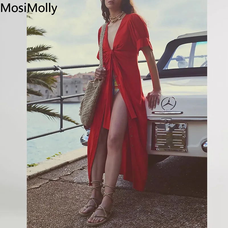 MosiMolly Boho Beach Dress Split Dress V neck Bow Dress Shirt Dress Red Dress Female Vestidos