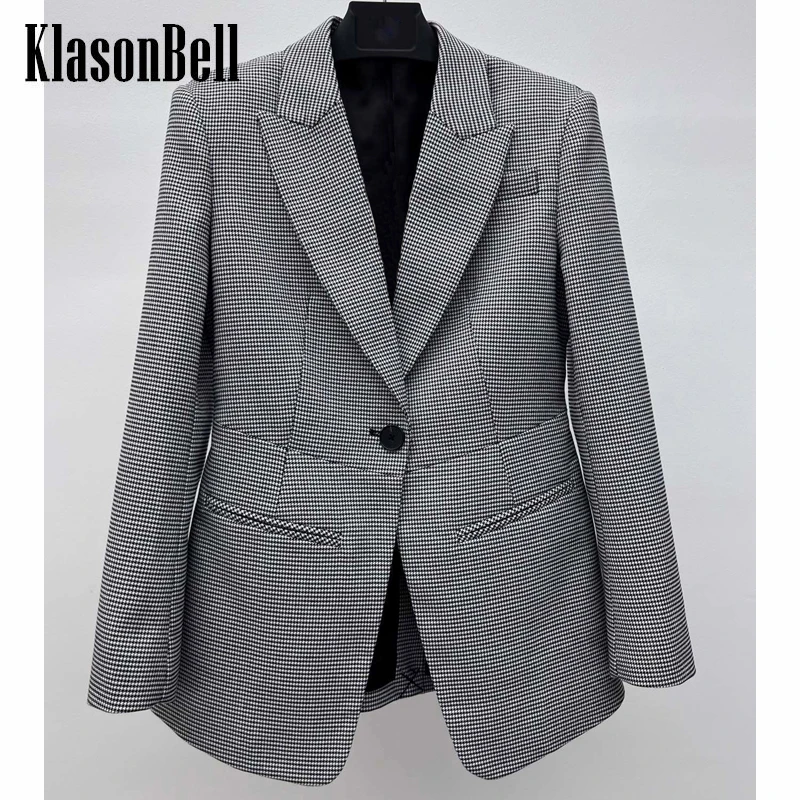

7.19 KlasonBell Fashion Elegant Houndstooth Plaid Single Button Back Pleated Collect Waist Blazer Women