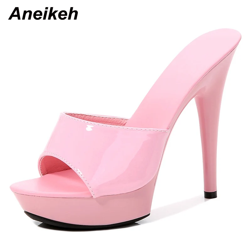 

Aneikeh 2024 Fashion Elegant Lacquer Leather High Heel Sandals Women's Summer Outdoor Platform Anti Slip Slippers Zapatos Mule