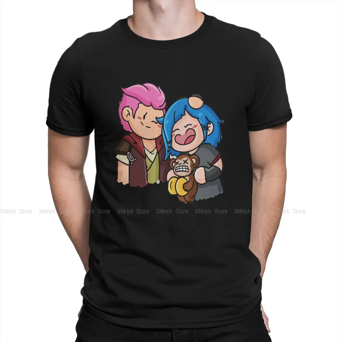 

Arcane League of Legends Animated Creative TShirt for Men Vi & Jinx Round Neck Basic T Shirt Personalize Gift Clothes Tops