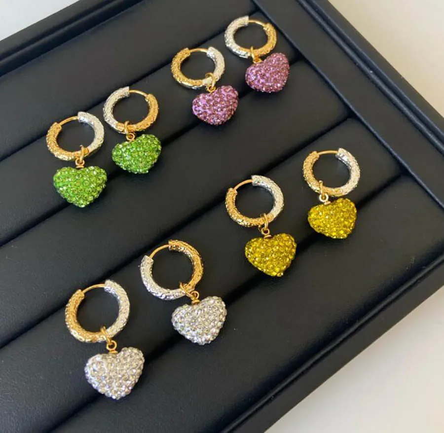 

French gold and silver contrast color crystal high-end love candy earrings heart shape spring girl sweet fashion jewelry