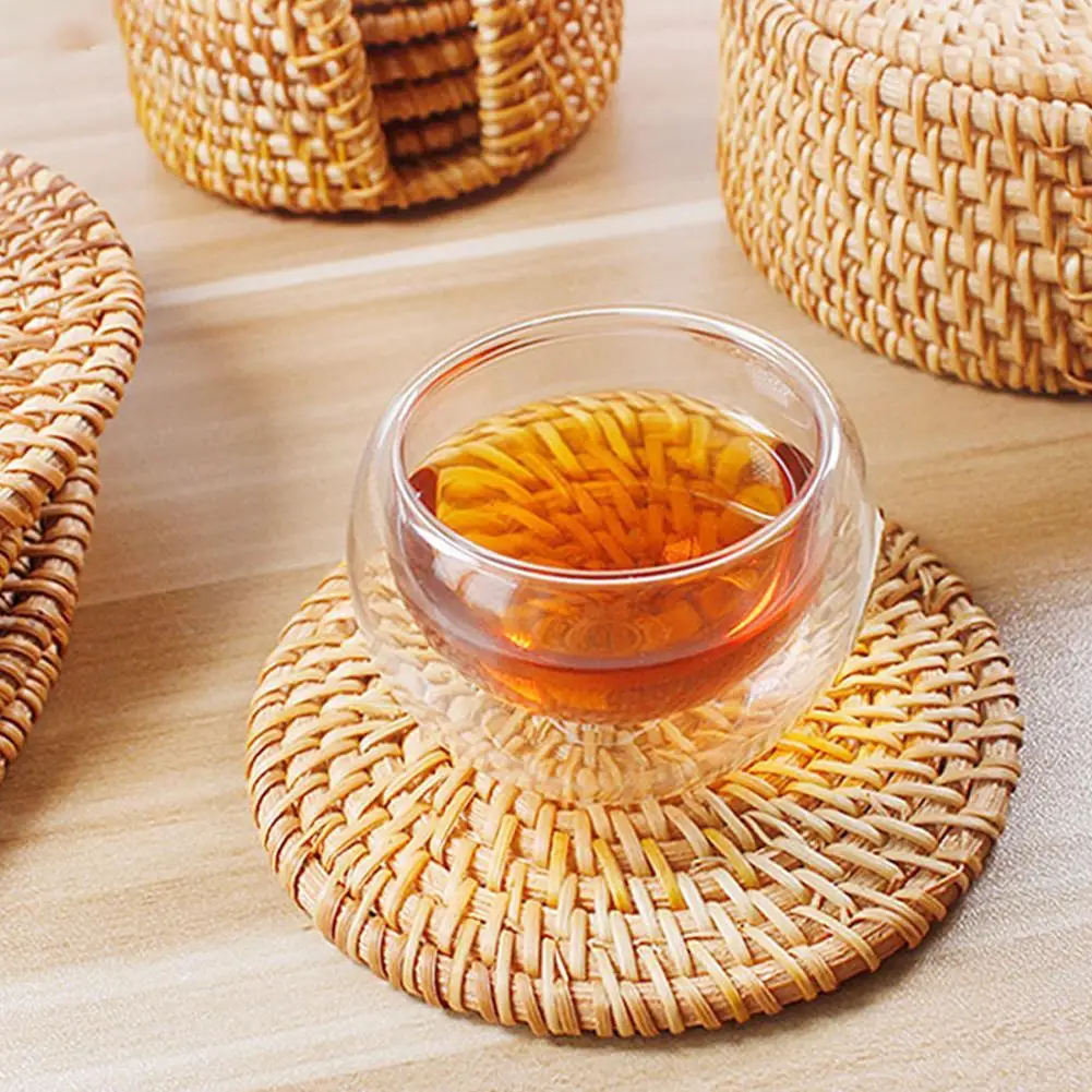 

1/6PCS Natural Rattan Heat-Resistant Pad Hand Woven Anti-Skidding Mat Home Kitchen Table Mat Decoration Coaster Accessories