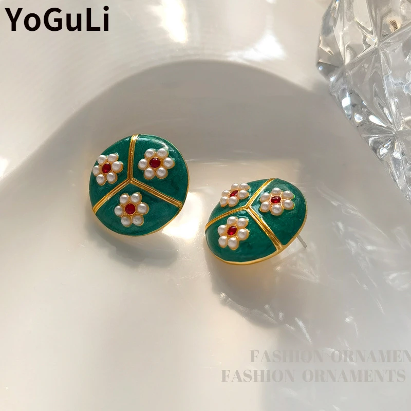 

925 Silver Needle Modern Jewelry Vintage Green Coating Earrings 2022 New Trend Flower Stud Earrings For Women Accessories
