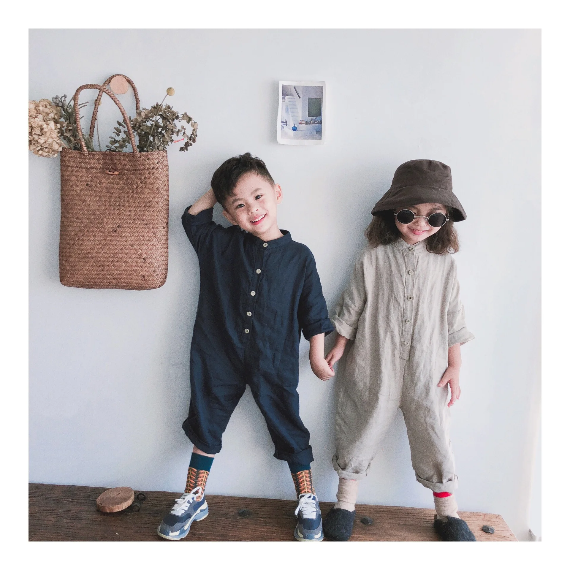 

Spring Autumn Boys girls solid color linen long sleeve jumpsuits Korean style children soft loose bodysuits
