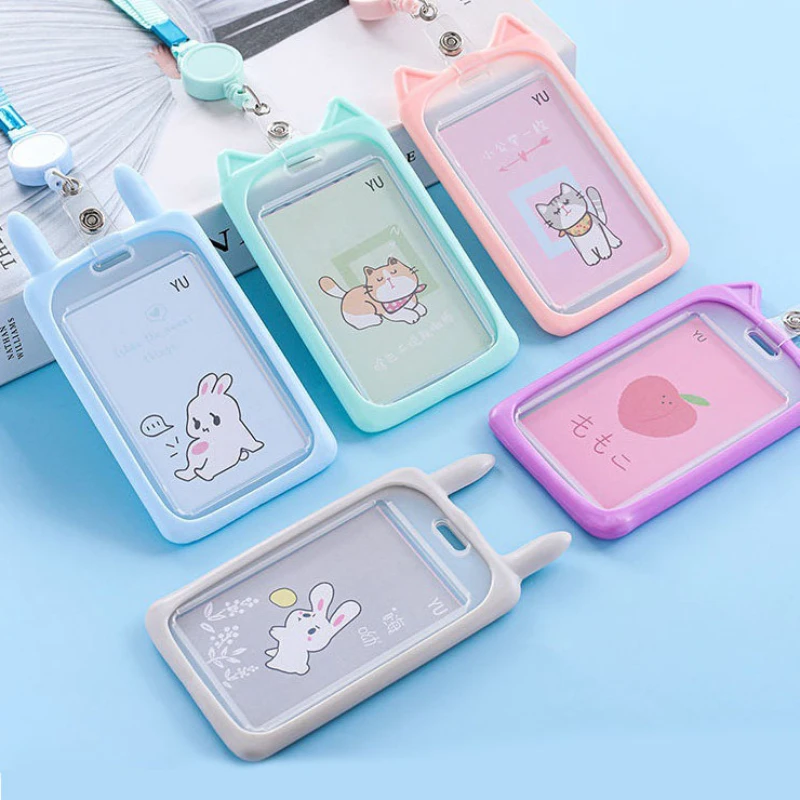 

Credit Card Holder with Retractable Reel Lanyard Cute Cartoon Cat Bank Identity Bus ID Card Holder Wallet Bus Card Cover Case