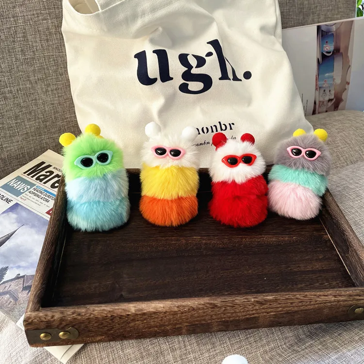 

New Creative Cute Colorful Caterpillar Keychain Trendy Candy Color Cartoon Plush Bag Pendant Car Key Ring Accessories Girl Toy