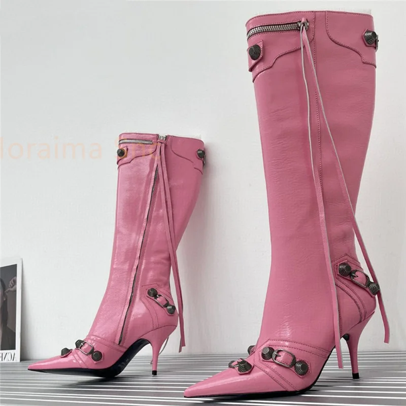 Metal Rivets Thin High Heel Long Boots Punk Winter Women Sexy Pointed Toe Solid Stiletto Shoes Knee High Boots Tassels Zipper