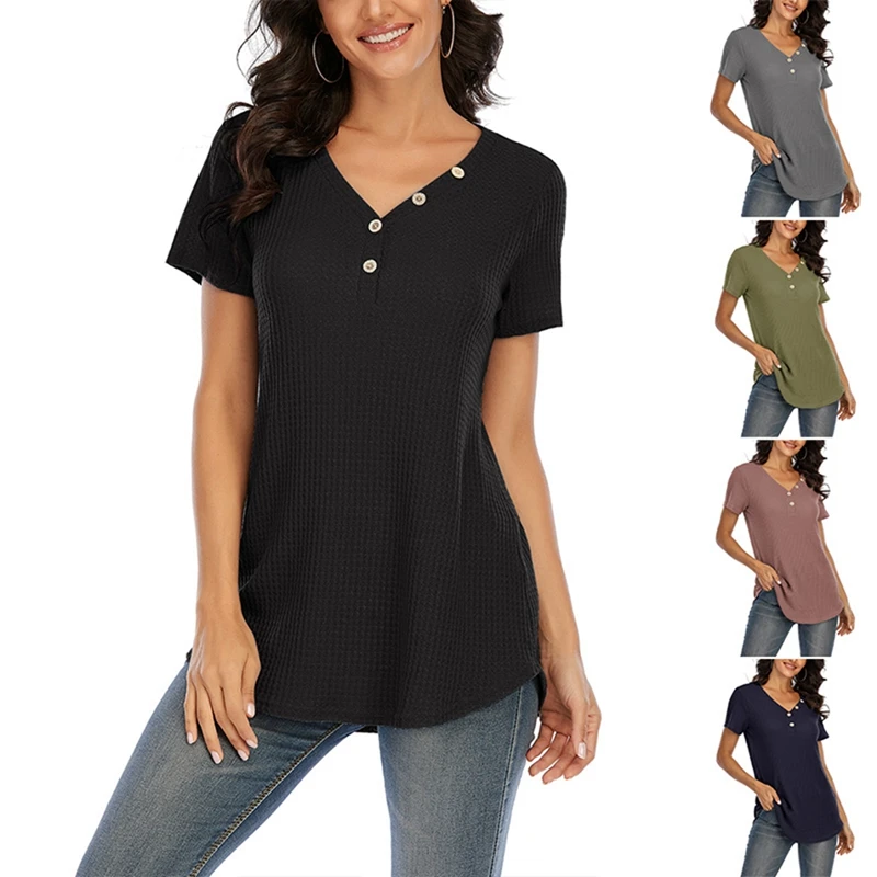 

Женская модная повседневная футболка из вафельной ткани с V-образным вырезом и пуговицами, топ с коротким рукавом