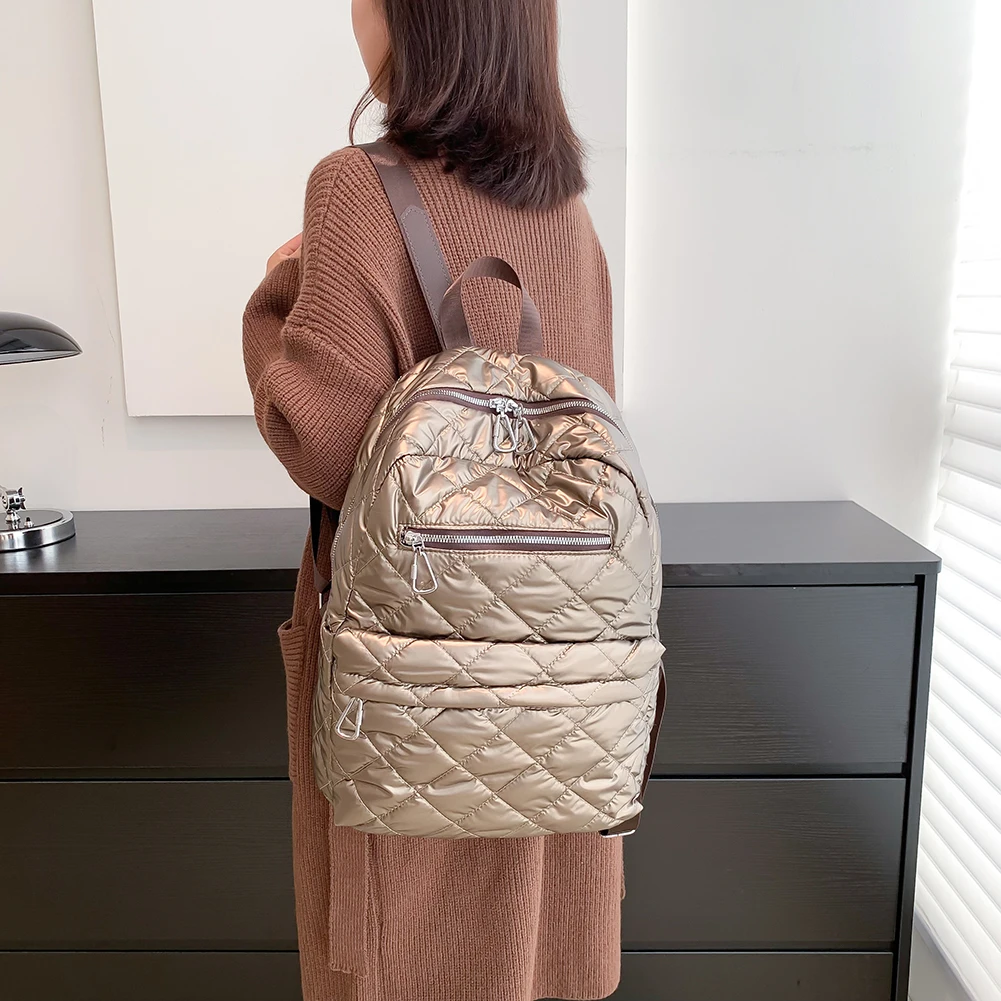 

Зимний теплый вместительный рюкзак, нейлоновый ромбовидный сетчатый рюкзак для школы и колледжа, модный стеганый женский дорожный рюкзак с...