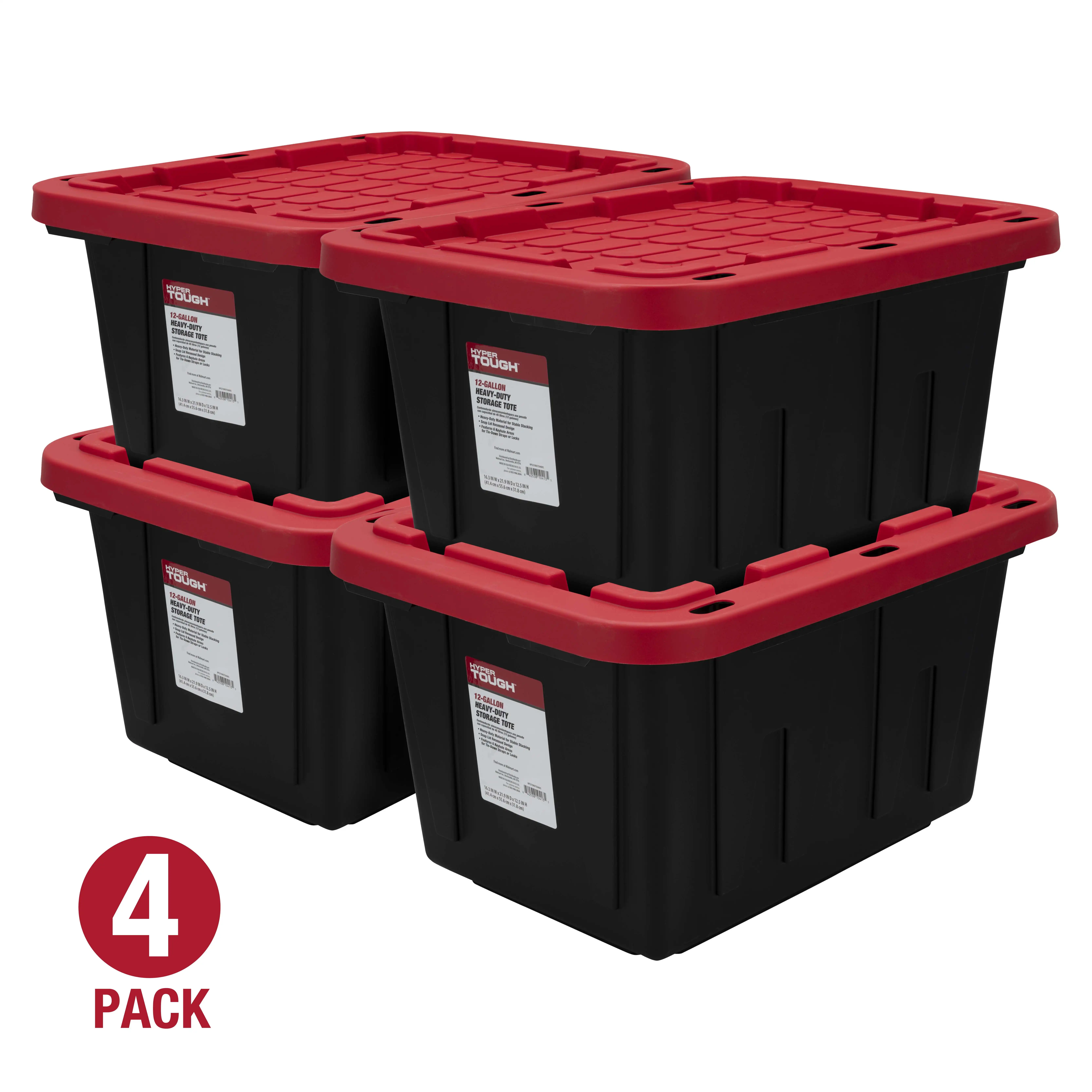 

Hyper Tough 12 Gallon Snap Lid Storage Bin Container, Black with Red Lid, Set of 4