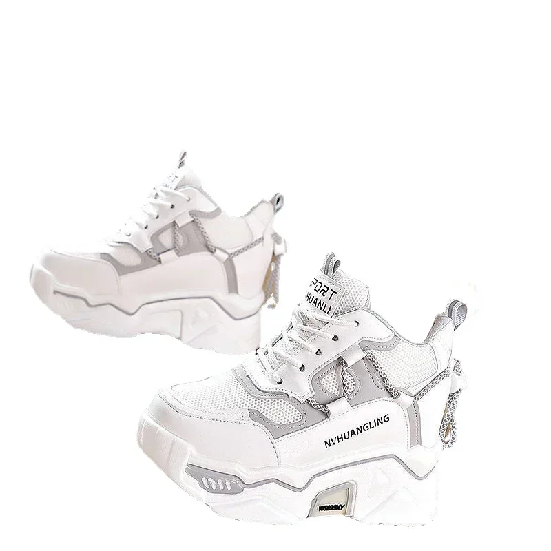 Женские спортивные кроссовки на танкетке сетчатые дышащие вулканизированной