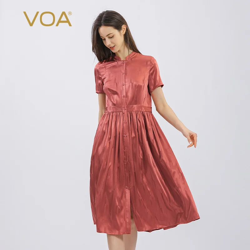 

Женское шелковое платье средней длины VOA, однобортное платье-рубашка в красный горошек, зеленую полоску, с коротким рукавом, лето 2022, A4910